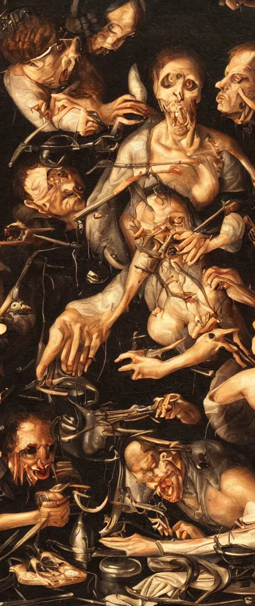 Image similar to renaissance close up studio shot oil painting of vampires at work dissecting a body for dinner