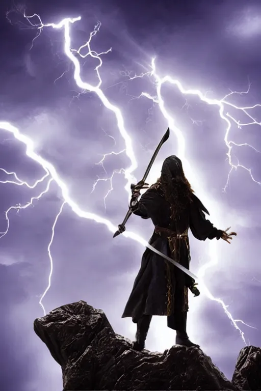 Image similar to wizard holding a sword that’s getting shocked by lightning towards the sky