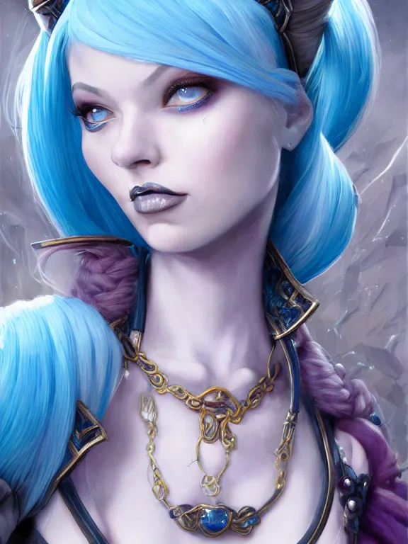 Image similar to a Portrait of JINX from League of Legends, blue hair, pigtail, intricate, elegant, highly detailed, digital painting, concept art, smooth, sharp focus, illustration, by Alex Horley,Heather Theurer,aaron horkey,Greg Rutkowski,artstation,deviantart,FAN ART,Unreal Engine,face enhance,8K,golden ratio,cinematic lighting