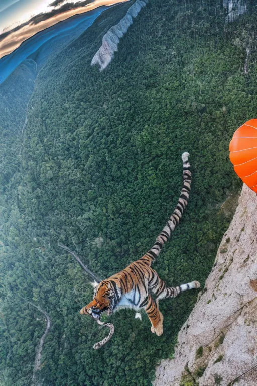 Prompt: realistic hairy tiger attached to a large open balloon parachute in the middle of the air jumping from a mountain cliff. photo captured by a drone. wide angles lens. epic