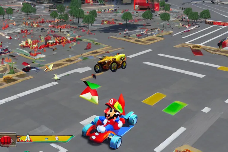 Image similar to mario kart in tiananmen square, ingame screenshot, highly detailed