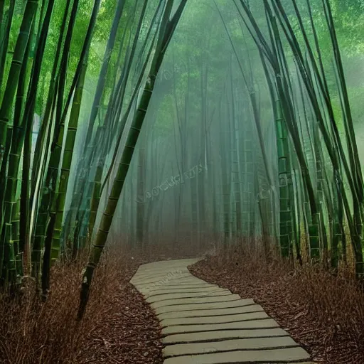 Image similar to round stone path in bamboo forest, dense fog