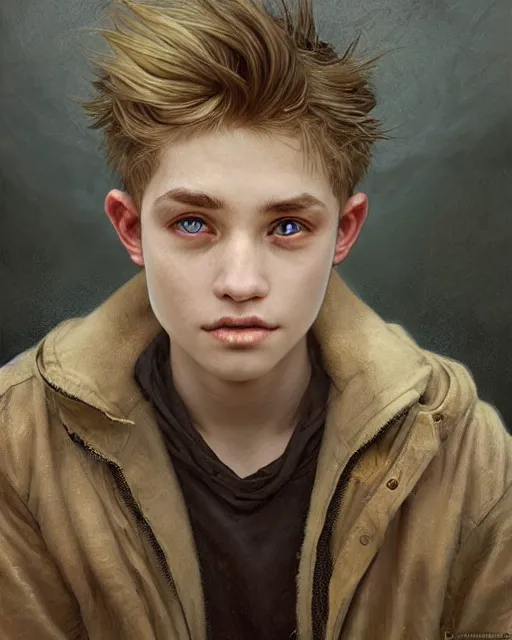 Image similar to portrait of 1 5 - year - old boy with blonde hair, round - face, with long toothed,, hyper realistic face, beautiful eyes, close up, fantasy art, in the style of greg rutkowski, intricate, alphonse mucha, hyper detailed, smooth