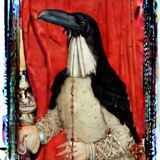 Image similar to a highly detailed portrait of a raven, wearing elegant tudor clothes, inside a room with thick red tapestries, by hans holbein