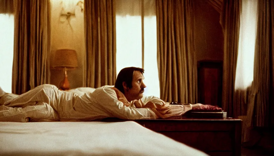 Image similar to 1 9 7 0 s movie still of the marc aurele hysteric on his bed in a antic palace, cinestill 8 0 0 t 3 5 mm, high quality, heavy grain, high detail, cinematic composition, dramatic light, anamorphic, ultra wide lens, hyperrealistic