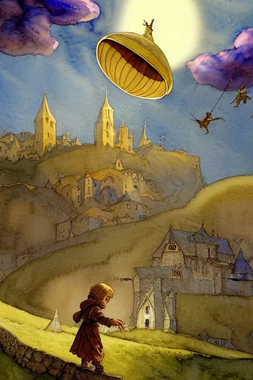 Prompt: a hyperrealist watercolor concept art of an elegant golden ufo in the sky above a small medieval town. one single dirty medieval peasant child is floating away up to the sky. very muted colors, by rebecca guay, michael kaluta, charles vess. high detail, hq, wide shot, 4 k