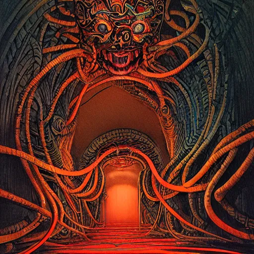 Prompt: a hallway with colored lights at the end, the face of a medusa appears and heads straight for the camera, intricate, highly detailed horror art by kim jung gi and beksinski