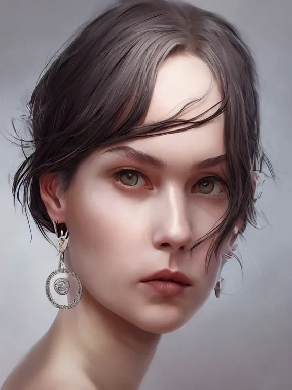 Image similar to beautiful russian girl with short dark hair and septum piercing, thin round earrings, winds of winter, au naturel, hyper detailed, digital art, trending in artstation, cinematic lighting, studio quality, smooth render, octane rendered, concept art, sharp focus, illustration, art by artgerm and greg rutkowski and wlop and krenz cushart