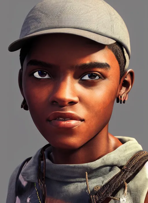 Image similar to An epic fantasy comic book style portrait painting of a young dark skinned girl with short hair dressed as a boy in a cap, unreal 5, DAZ, hyperrealistic, octane render, cosplay, RPG portrait, dynamic lighting