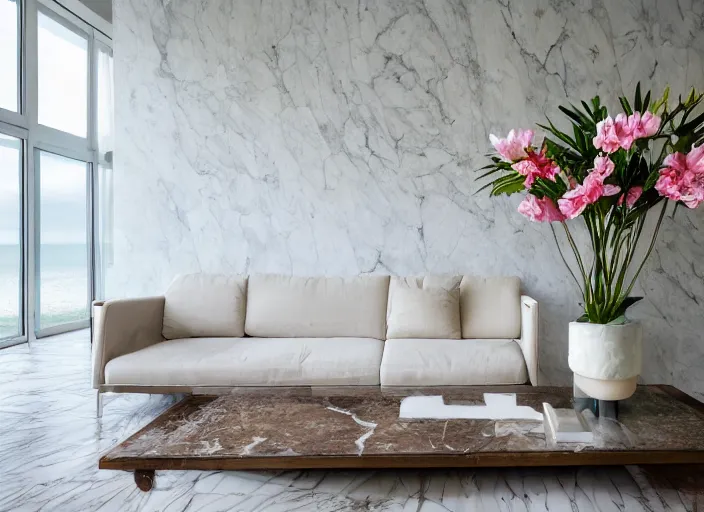 Prompt: interior photo of a modern beach us with a beautiful couch next to a white marble table on top of which there are magnificent flowers, highly detailed, hd, 4k