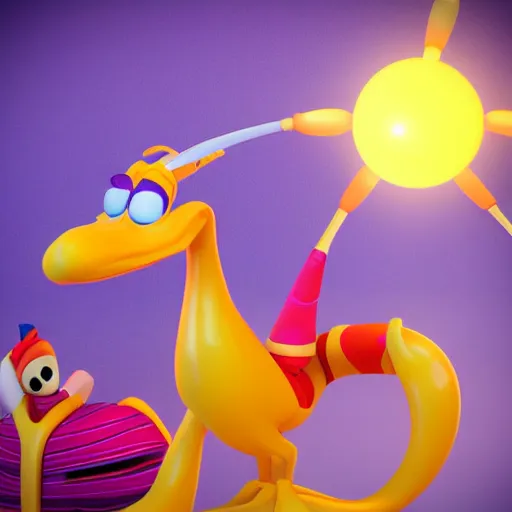 Image similar to journey into imagination with figment, cartoon style, stylized, 3 d render