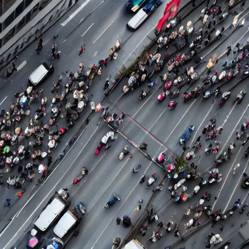 Prompt: a photo by a drone hovering above a busy street with many people walking on the sidewalks and many cars driving on the roads, and many bicycles riding with no one on them
