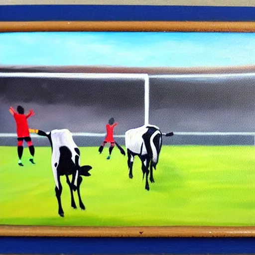 Image similar to painting of soccer game played by cows