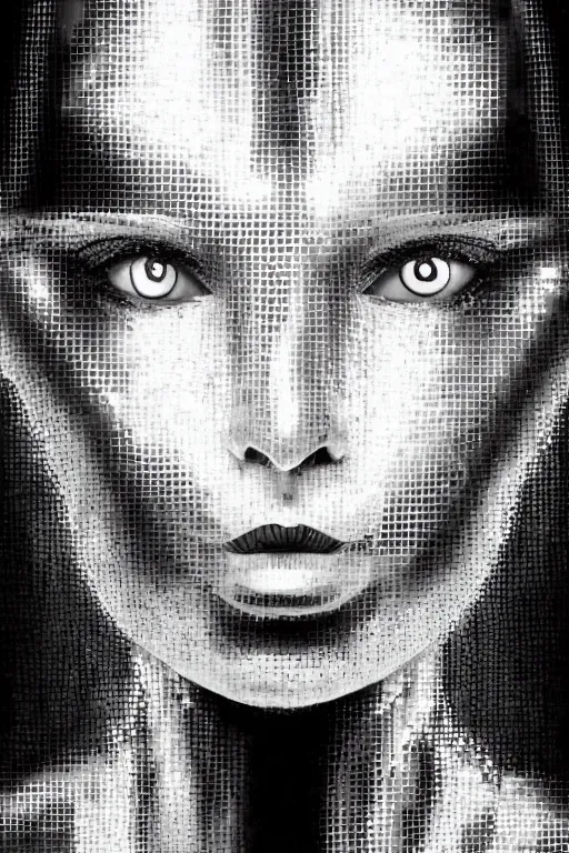 Image similar to chrome futuristic cyborg with a face made of pixels on a black screen for a head, diffuse lighting, fantasy, intricate, elegant, highly detailed, lifelike, photorealistic, digital painting, artstation, illustration, concept art, smooth, sharp focus, art by John Collier and Albert Aublet and Krenz Cushart and Artem Demura and Alphonse Mucha