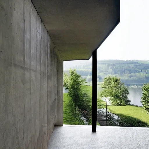 Prompt: a house by the river rhein in mumpf designed by peter zumthor