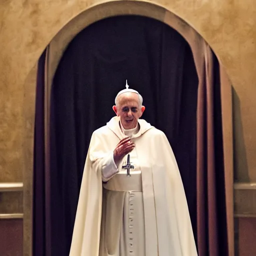 Image similar to pope benedict wearing sith cloak as chancelor palpatine in star wars episode 3, 8 k resolution, cinematic lighting, anatomically correct