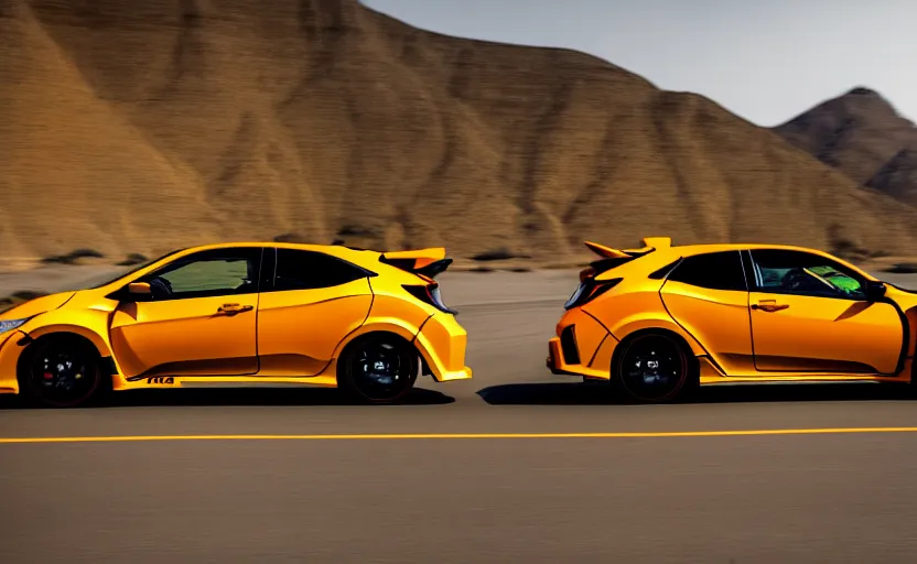 Image similar to photograph of a cell-shaded orange yellow Honda Civic EK9 Type-R, speeding on a desert road with a futuristic city in the horizon, kicking up dirt, action shot, sigma 85mm f/1.4, 4k, depth of field, high resolution, 4k, 8k, hd, full color