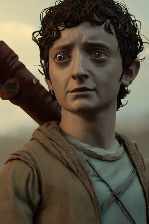 Prompt: tribute sculpture of elijah wood as frodo, cybertronian, long shot, cinematography by wes anderson, 4 k octane render, intricate detail, photorealistic, cinematic lighting, artstation