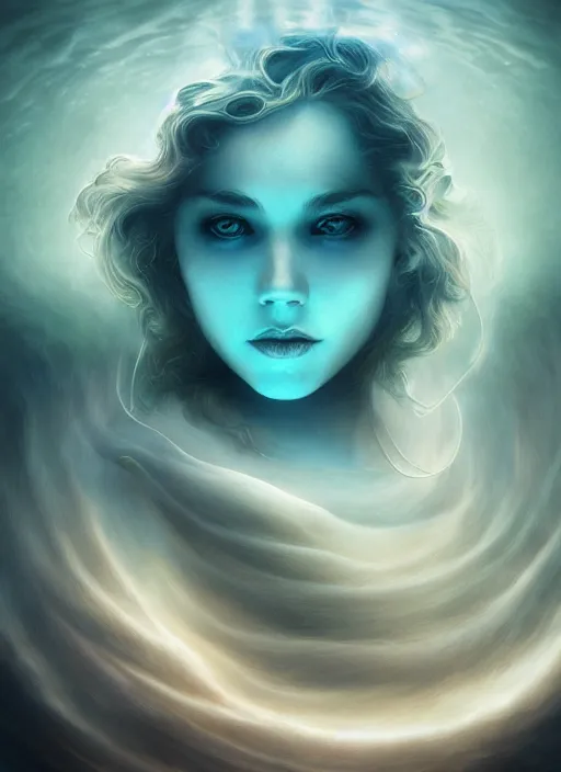 Image similar to a dreamy moody underwater photographic portrait of a anthropomorphic bioluminescent liquid wave, dramatic volumetric lighting, fantasy, intricate, elegant, highly detailed, digital painting, artstation, concept art, smooth, sharp focus, illustration, art by artgerm and h r giger and alphonse mucha