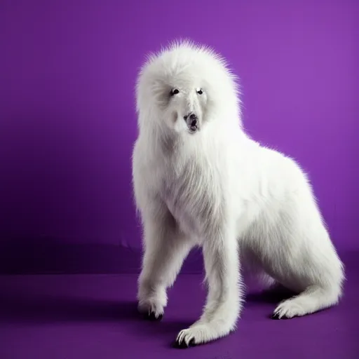 Image similar to a photo of a white fur monster standing in a purple room