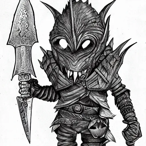 Image similar to goblin holding a sword, leather armor, sharp teeth, angry eyes, fantasy, dnd character, pen drawing, ink and paper, black and white, book illustration