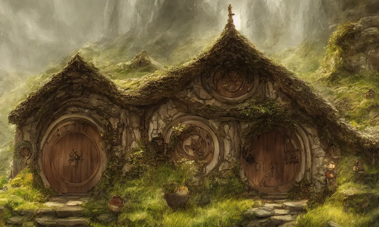 Image similar to The house of the Hobbit Bilbo Baggins, highly detailed, digital painting, artstation, concept art, smooth, sharp focus ilustration, Artstation HQ