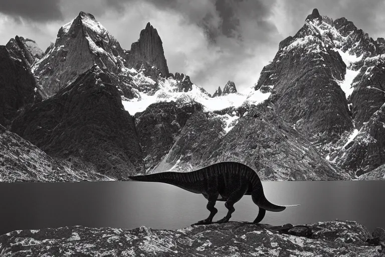 Image similar to small dinosaur, vallye, snowy peaks, by ansel adams, black and white, old, master photography