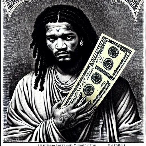 Image similar to highly accurate fredo santana rapper holding stacks of cash, biblical image, style of gustave dore, highly detailed, beautiful, high contrast, black and white