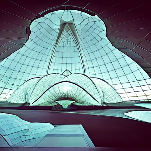 Prompt: futuristic glass lotus temple by the hermetic order of the golden dawn, by buckminster fuller and syd mead, intricate contemporary architecture, photo journalism, photography, cinematic, national geographic photoshoot