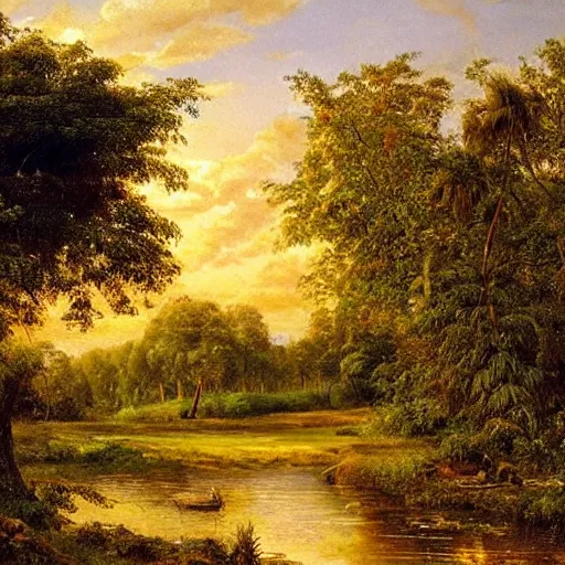 Image similar to tropical fruit trees and white milk river, wide shot, golden hour, landscape painting by ivan shishkin