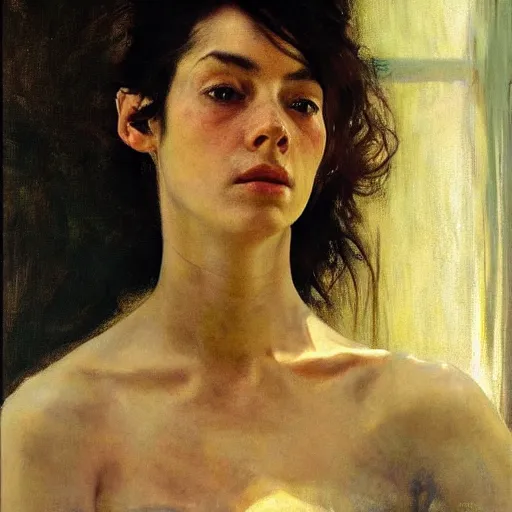 Prompt: a stunning masterful portrait of a confident argentinian woman with messy hair and deep thinking eyes by andrew wyeth, john singer sargent, and norman rockwell, natural light, oil painting, ethereal, wong kar wai, strong brushwork