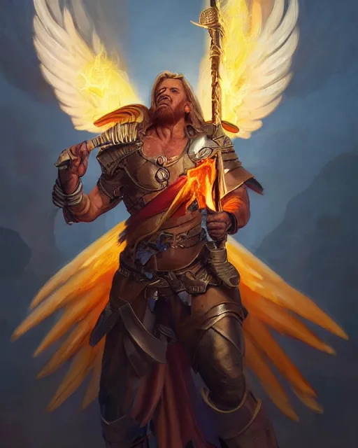 Prompt: character portrait of a brawny male angel of justice, with fiery golden wings, wearing shining armor, wielding a flaming sword, by peter mohrbacher, mark brooks, jim burns, marina abramovic, wadim kashin, greg rutkowski, trending on artstation