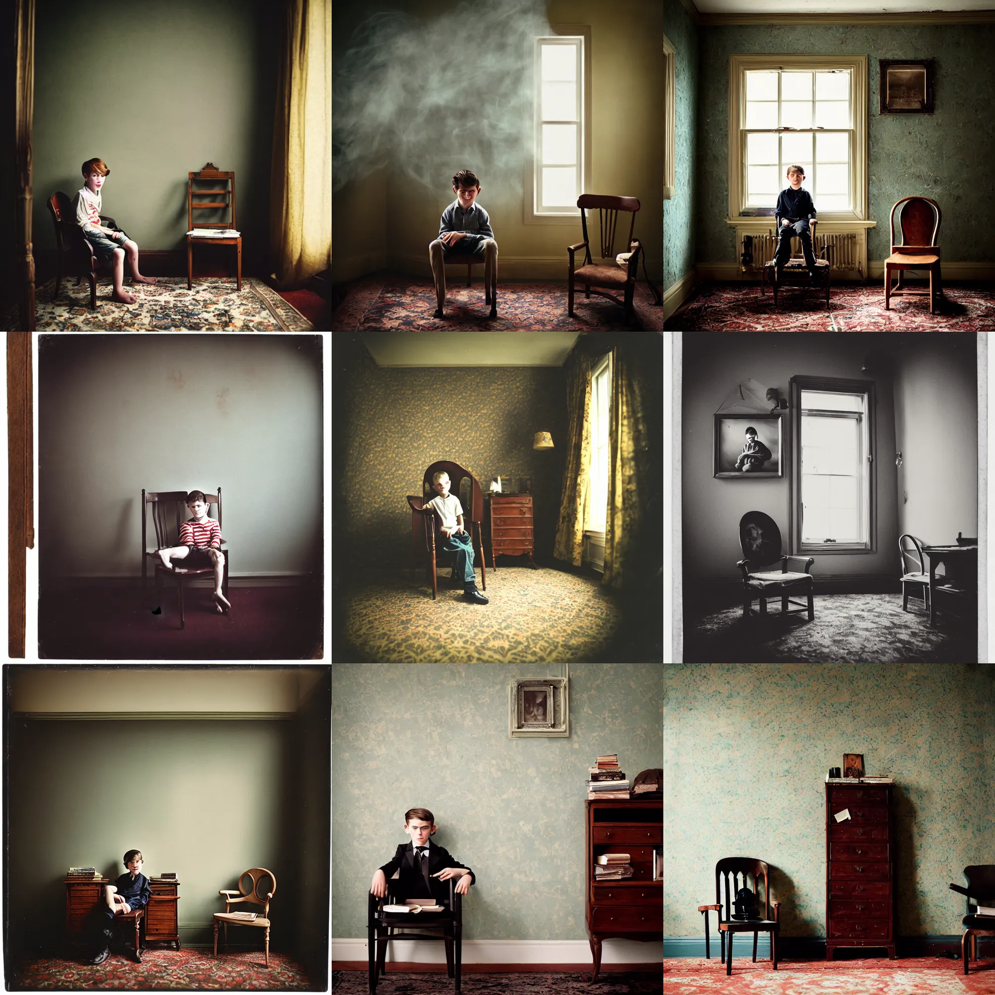 Prompt: kodak portra 4 0 0, wetplate, 8 mm extreme fisheye, award - winning portrait by britt marling, a handsome 8 yo boy sitting on a chair in a 1 9 2 0 s room, ghost, picture frames, shining lamps, dust, smoke, 1 9 2 0 s furniture, wallpaper, carpet, books, muted colours, wood, fog,