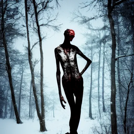 Image similar to blood soaked skinwalker, lanky, skinny, pale skin, snow, forest, dark, horrifying