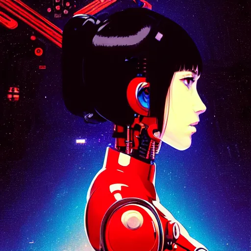 Image similar to side portrait scifi cyborg girl with robotic parts and spacesuit | | head only in center of image, audrey plaza, fine detail!! anime!! realistic shaded lighting!! poster by ilya kuvshinov katsuhiro otomo ghost - in - the - shell, magali villeneuve, artgerm, jeremy lipkin and michael garmash and rob rey