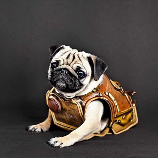 Prompt: photo of a pug dressed in steampunk gear.