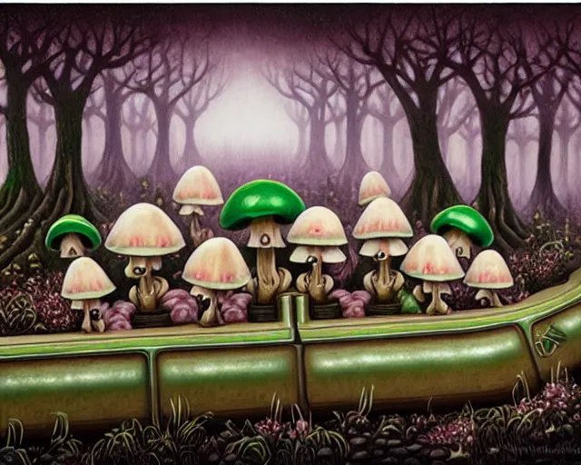 Image similar to detailed mushroom elves riding train in a dark mysterious forest by mark ryden