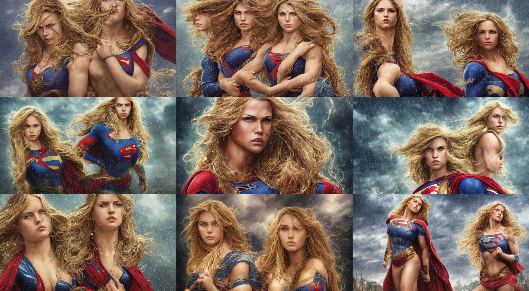 Image similar to epic portrait of a very muscled supergirl with a concentrated face and extremely long blonde wavy hair, light rain, thunder storm background, intricate detailed face, city background, steve argyle, greg rutkowski, alphonse mucha, francine van hove