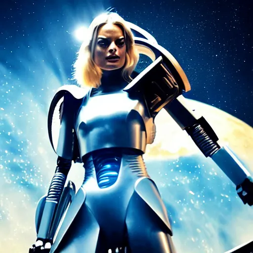 Image similar to margot robbie as a robot battle angel warrior fighting on the moon, scifi, nebula reflections, futuristic background, dreamy, long white hair, blue android eyes, glowing, 8 k high definition, insanely detailed, intricate, innocent, art by akihiko yoshida, antilous chao, li zixin, woo kim