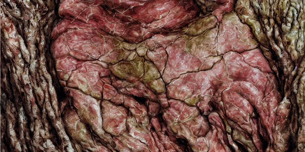 Prompt: medical detail of flesh skin, painitng, meat veins, wrinkles and muscles, surrounded by crustose lichens, 4k, oil on canvas, photorealistic, soft light, cinematic lighting, vibrant, macro details, sharp