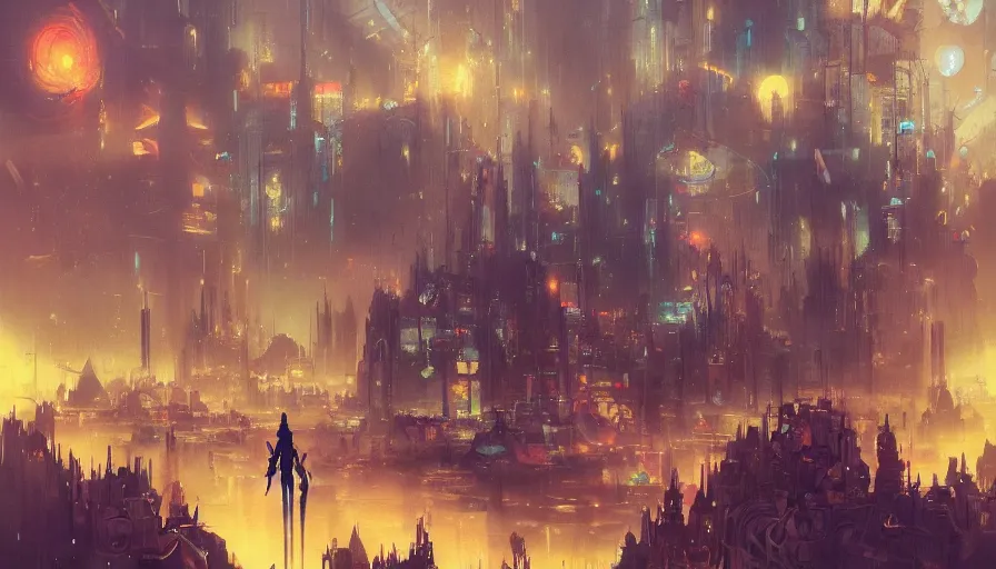 Image similar to psychedelic cyberpunk scifi vast detailed city endless vastness and gigantic size and detail, very dark and abandoned, only dark colours, allegorical style, by peter mohrbacher, jeremy mann, francoise nielly, van gogh, ross tran, beautiful, award winning scenery