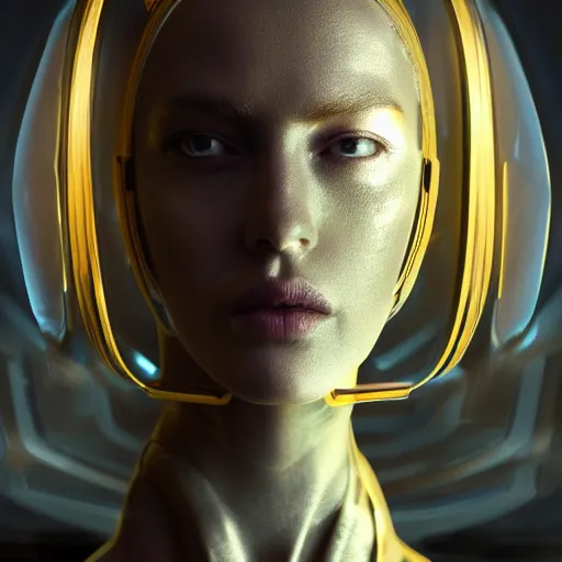 Prompt: centered portrait of an android, sci fi character concept, science fiction, futuristic, medium shot, symmetrical face, elegant pose, illustration, slender, cinematic lighting, hyperdetailed, cgsociety, 8k, high resolution, single face, insanely detailed and intricate, octane render, golden ratio, vfx, postprocessing, Syd Mead, Masamune Shirow,