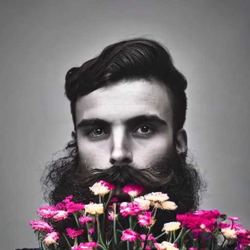 Prompt: photo portrait of a man with a moustache no beard standing in front of flowers, tumblr contest winner, aestheticism, masculine, aesthetic