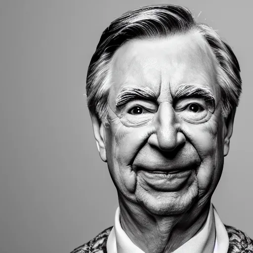 Image similar to symmetrical, close up face portrait of mr rogers, scowling, studio lighting, depth of field, photography, black and white, highly detailed