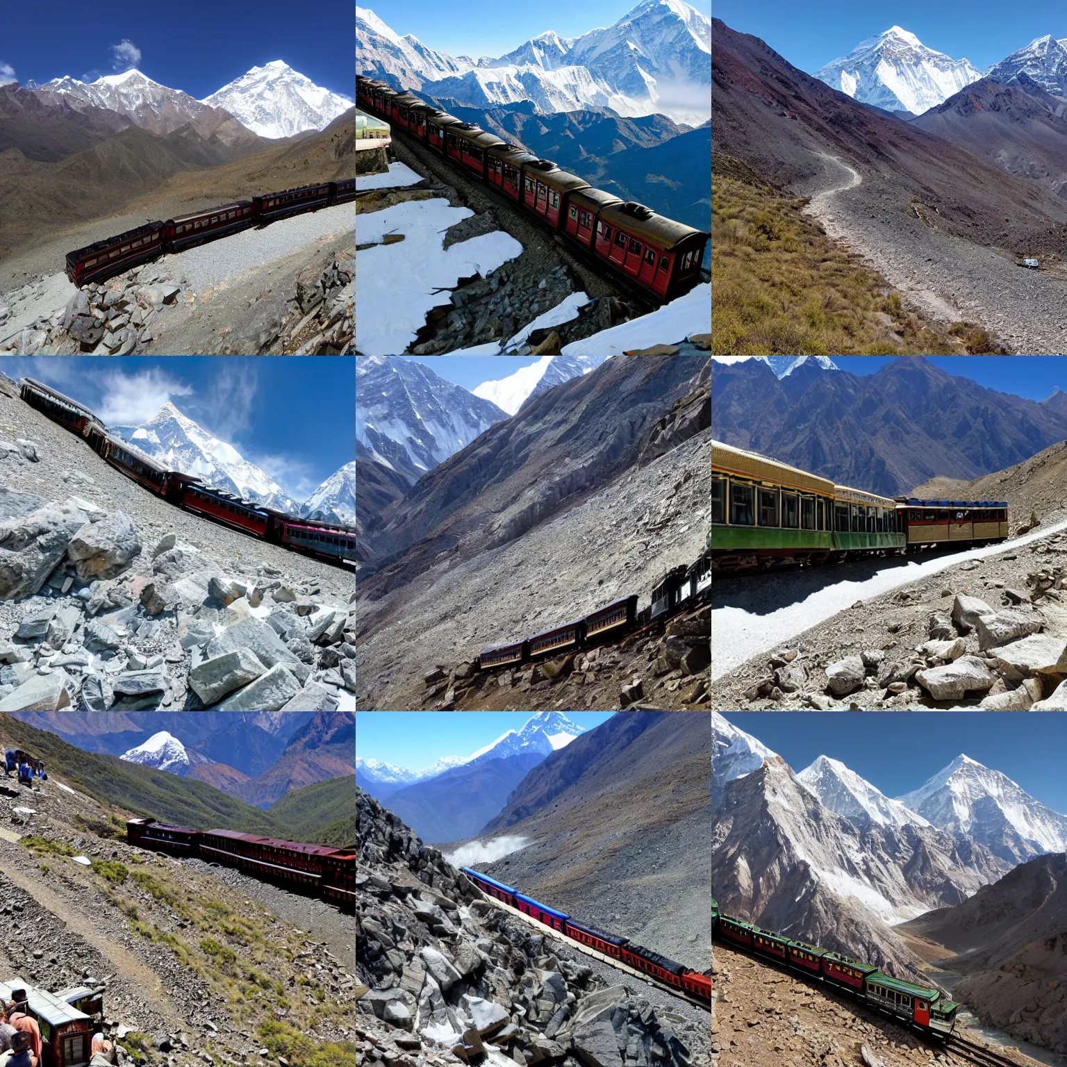 Prompt: cog train driving up mount everest