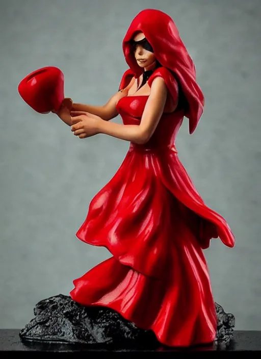 Prompt: Image on the store website, eBay, 80mm Resin figure model of a woman as little red hood ,holding a basket under her left arm.