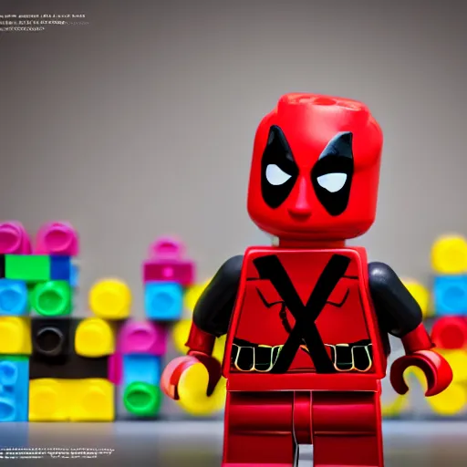 Image similar to deadpool as lego character, bokeh, photo, hyperrealistic, detailed textures and soft studio lighting, striking a cinematic pose, lego background, duplo, lego movie, octane render, 8 k soft shadows, sharp focus, extreme detail, hyper realistic, award winning photo