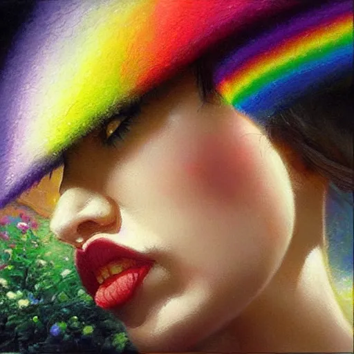 Prompt: You’ll never find a rainbow if you’re looking down, art by Thomas Kinkade, artwork by artgerm