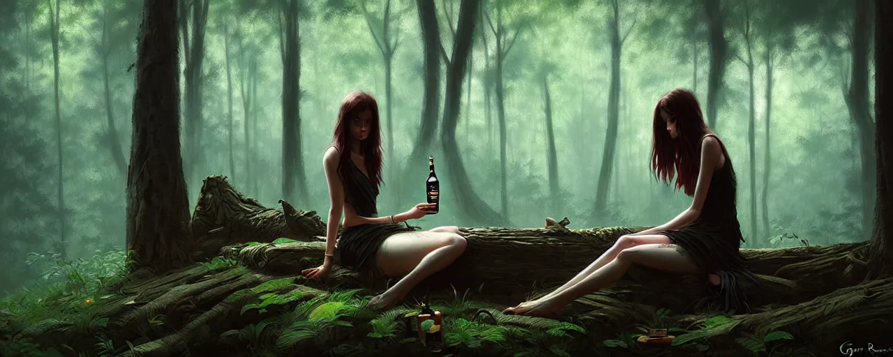 Image similar to girl drink jack daniels in forest, detailed digital art by greg rutkowski.