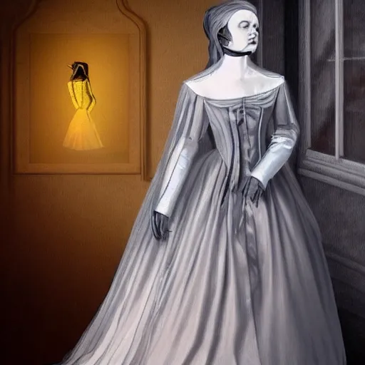 Prompt: “hyper realistic digital painting of ghost woman in Victorian gown on haunted train, horror, trending on artstation, atmospheric lighting”